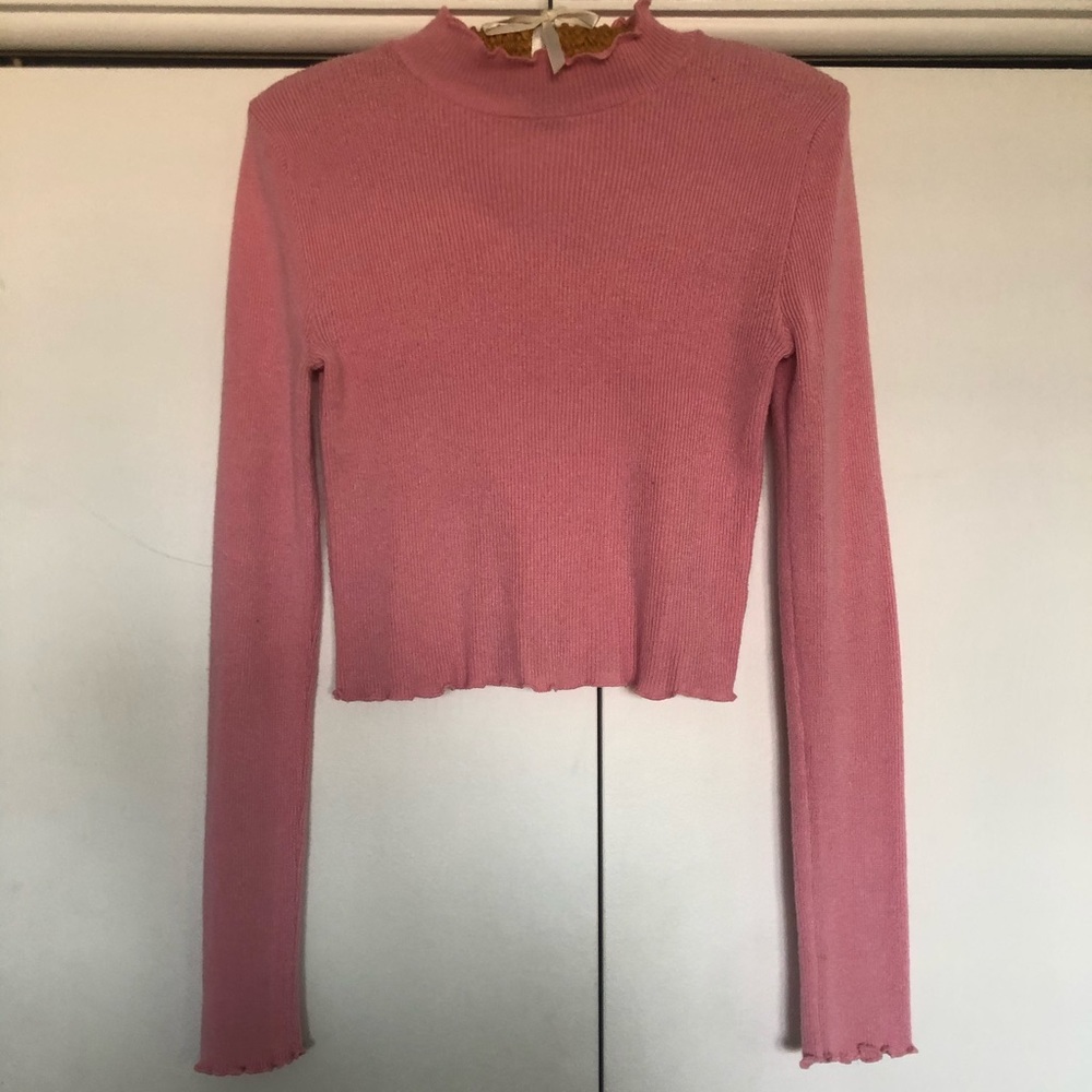 Pink Ribbed Mock-Neck Long Sleeve Shirt